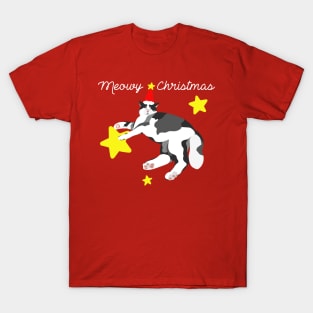 Meowy Christmas Cat with stars T-Shirt